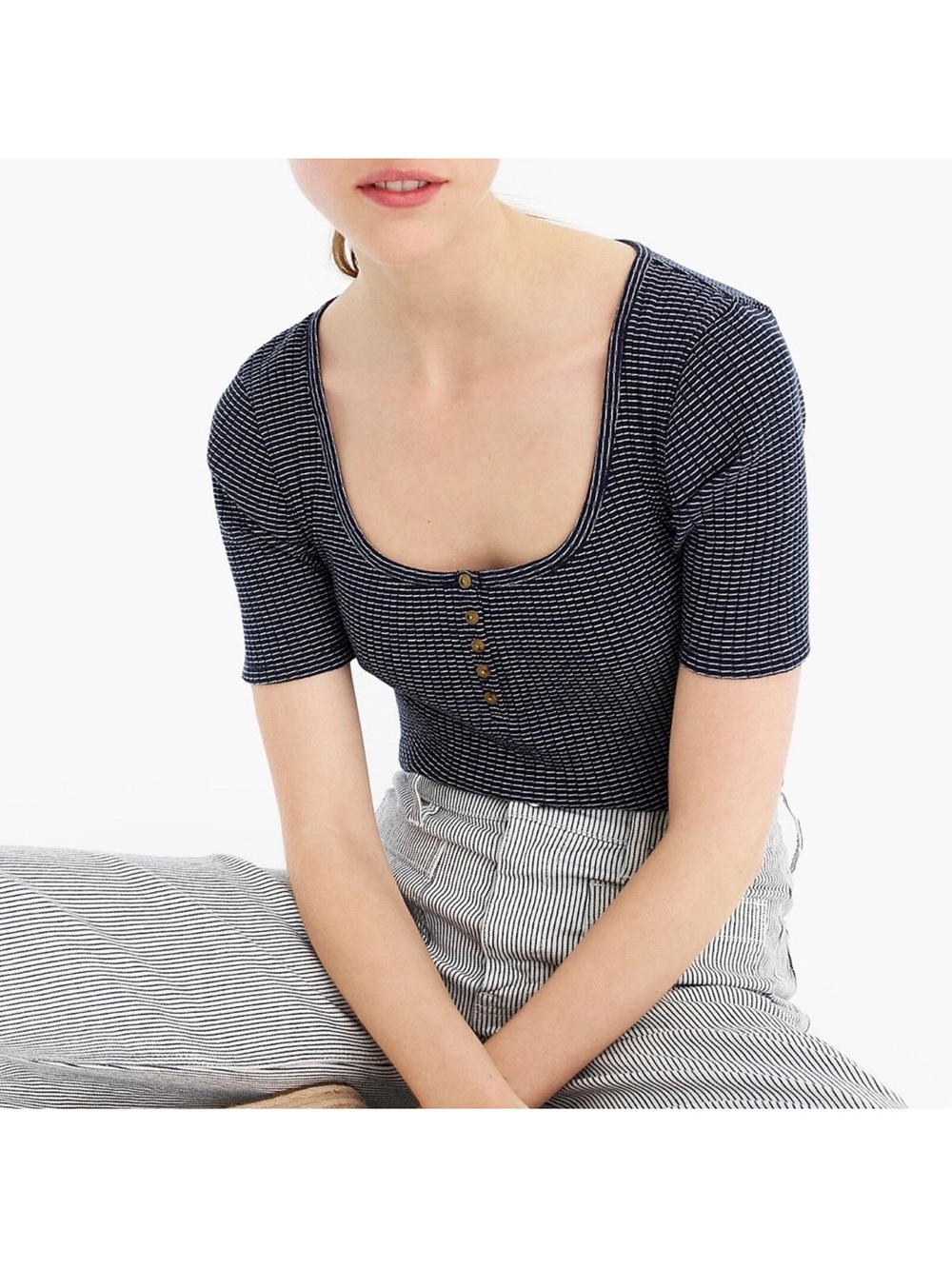 J Crew NWT $45 Scoopneck Ribbed Henley T-Shirt in Stripe Sz L , XL | Navy